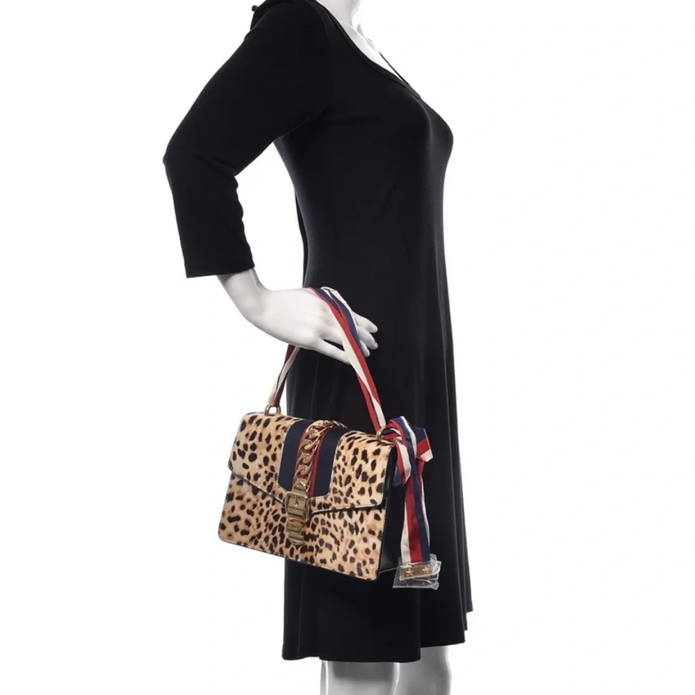 💯% Auth GUCCI Leather Bag - Sylvie Calf Hair Harako Leopard Print Shoulder Bag